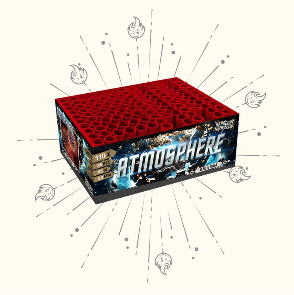 Die rechteckige Feuerwerksdose Rubro Atmosphere 110sh von Rubro zeigt mehrere rote Röhren vor einem hellen Hintergrund, der mit illustrierten Funken und kleinen Flammensymbolen verziert ist, die nach außen strahlen.