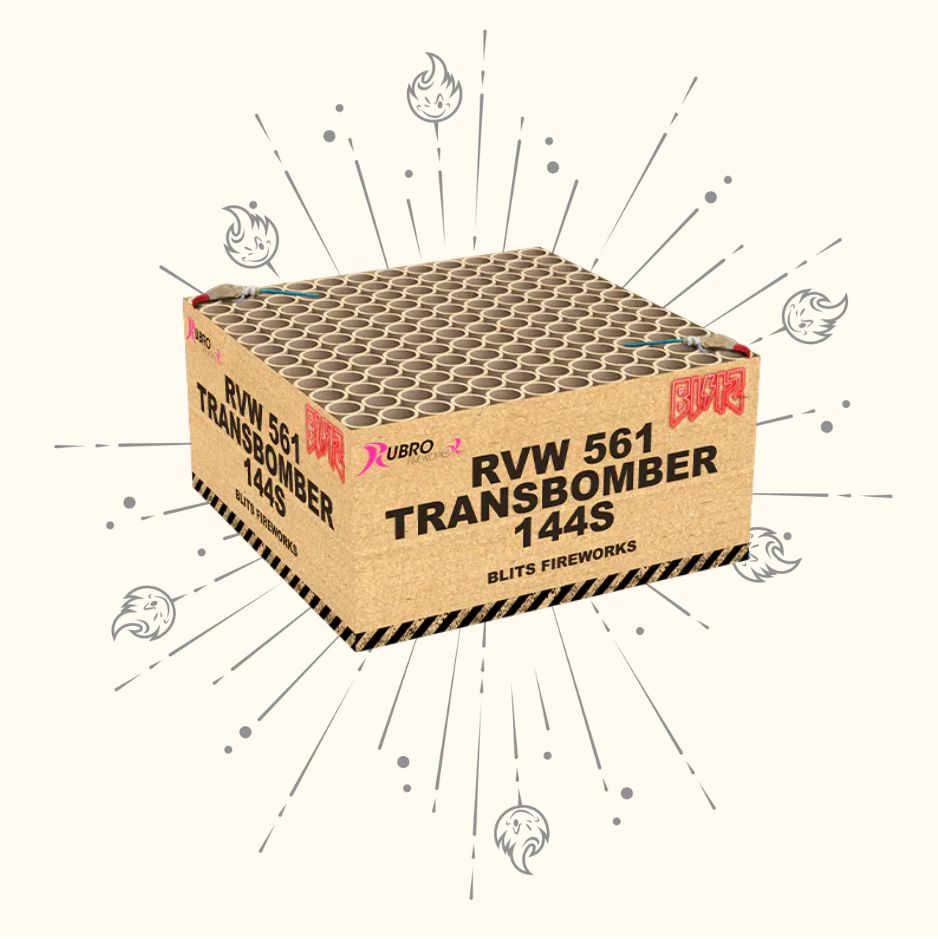 Ein Karton mit der Aufschrift "Rubro Transbomber Blits 144sh, Rubro", gefüllt mit zylindrischen Röhren vor einem hellen Hintergrund mit illustrierten Funken und Flammensymbolen.