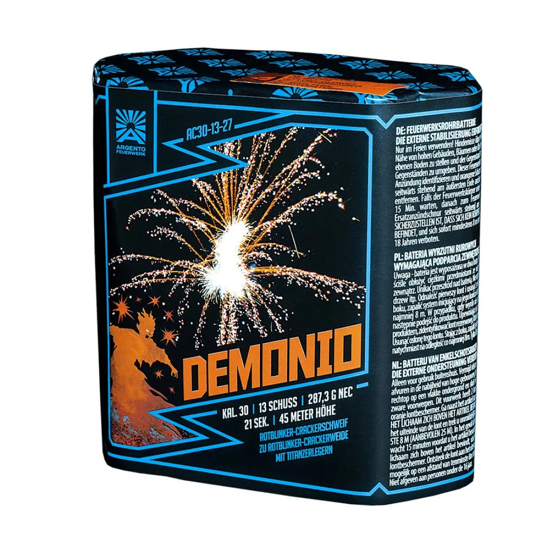 Die rechteckige Argento Demonio 13sh Feuerwerksbatterie von Argento zeigt ein farbenfrohes Feuerwerk auf der Schachtel, die mit blauen und orangefarbenen Akzenten sowie Produktinformationen und 30 mm Sicherheitshinweisen an den Seiten versehen ist.