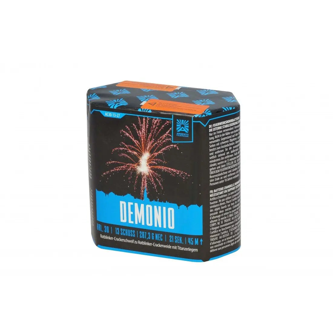 Die Argento Demonio 13sh Feuerwerksbatterie von Argento wird in einer schwarzen Schachtel mit blauen Akzenten und weißer Schrift geliefert, die auf der Vorderseite eine rote Feuerwerksgrafik zeigt und auf ihre beeindruckenden 30 mm Effekte hinweist. Sicherheits- und Nutzungshinweise sind ebenfalls enthalten.