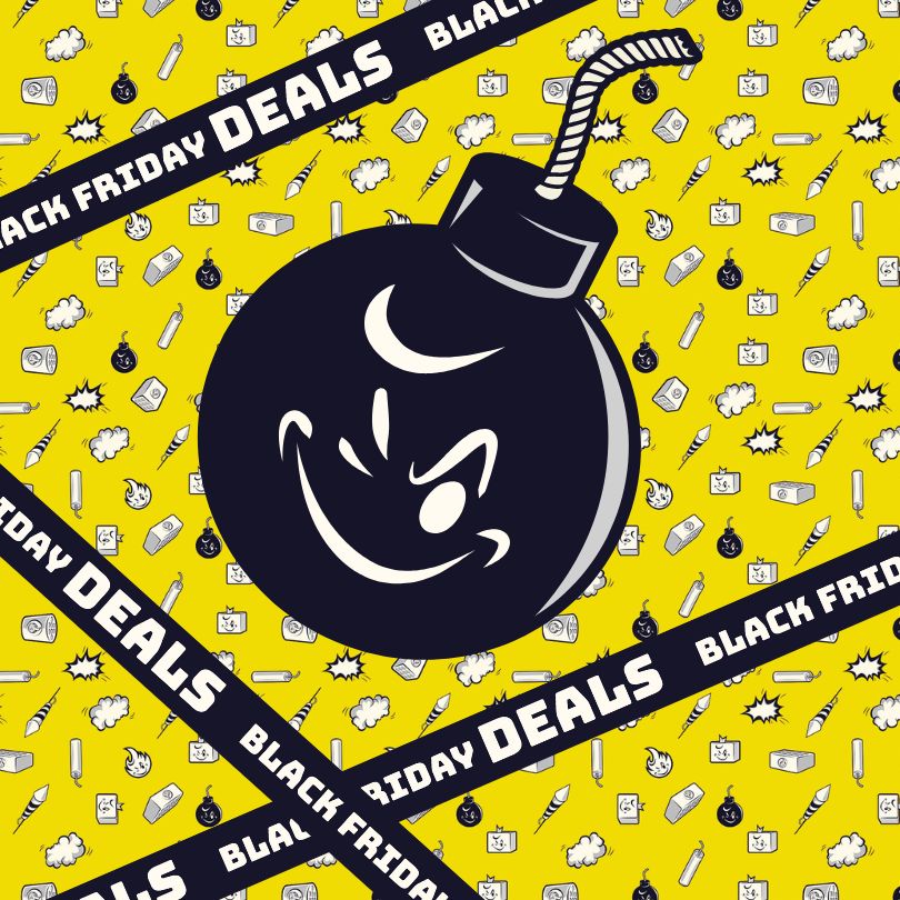In der Mitte befindet sich eine große Cartoon-Bombe mit einem schelmischen Gesicht. Der gelbe Hintergrund ist mit kleinen Symbolen übersät, und "Black Friday Deals" wird auf schwarzen Bannern wiederholt.