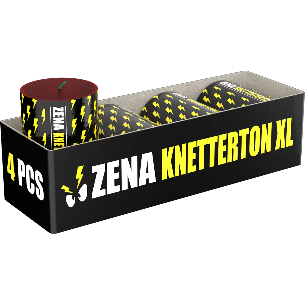 Die Zena Knetterton XL Box von Zena enthält vier zylindrische Crackling Fontänen Feuerwerkskörper mit Blitzmotiven und "4 PCS" an der Seite - ideal für jeden Pyrotechnik-Fan.