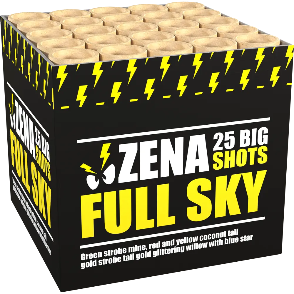 Eine schwarze Zena-Box mit der Aufschrift "Full Sky" und gelben Blitzen, die Effekte wie grünes Stroboskop, roter und gelber Kokosnussschwanz, Palmeneffekt und Glitzerweiden mit blauen Sternen zeigt.
