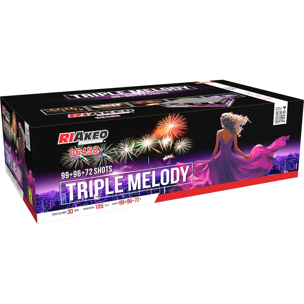 RIAkeo Triple Melody A|B|C von RIAkeo zeigt ein farbenfrohes Feuerwerk, eine Frau in einem wallenden lila Kleid und die Skyline einer Stadt. Dieses High-End-Set liefert ein spektakuläres Feuerwerk mit 267 Schuss (99+96+72).