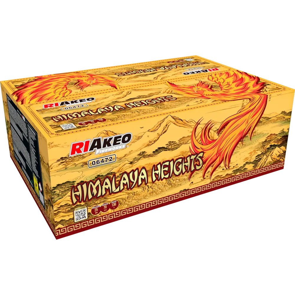 Eine gelb-orangefarbene Schachtel mit der Aufschrift "RIAkeo Himalaya Heights Mix" von RIAkeo zeigt ein Berg- und ein feuriges Phönix-Motiv. Dieses Verbundfeuerwerk hat 136 Schuss, verschiedene Etiketten, einen QR-Code und rote dekorative Akzente.
