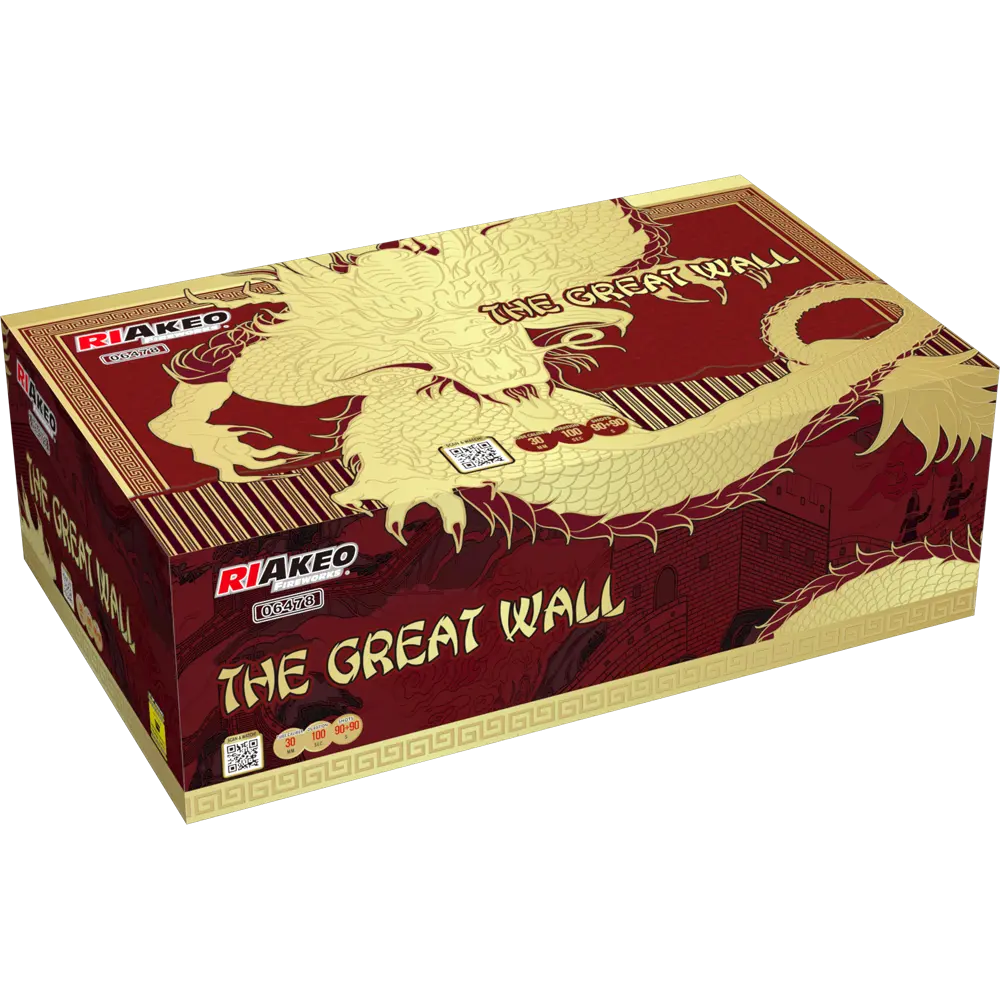 Eine rechteckige Schachtel mit der Aufschrift "Riakeo The Great Wall" von RIAkeo zeigt einen goldenen Drachen auf rotem Hintergrund, mit dem RIAkeo-Logo und dem Text NEUHEIT 2024 an den Seiten und oben.