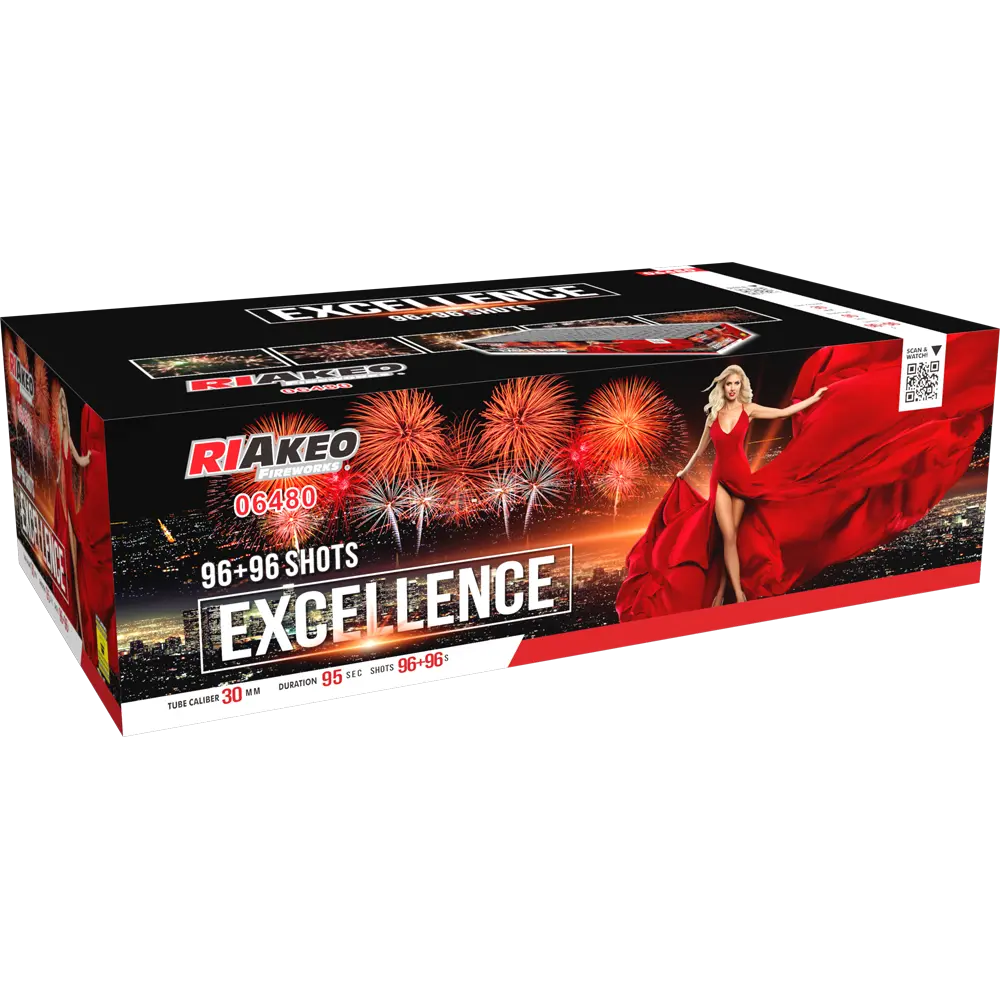 Die RIAkeo Excellence Feuerwerksbox bietet High-End Feuerwerk mit 192 Schuss (96+96), eine Frau im roten Kleid inmitten von Stadtlichtern und schillernden Effekten, perfekt für spektakuläre Doppel-Verbundfeuerwerke.