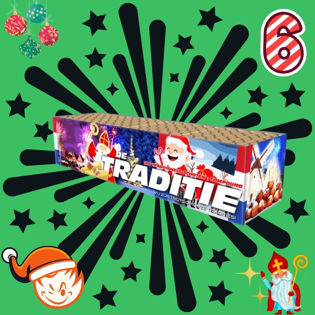 Das festliche Feuerwerkspaket „De Traditie“ von Katan bietet einen leuchtend grünen Hintergrund mit Sternen und zeigt Weihnachtsmotive, darunter den Weihnachtsmann, Weihnachtsdekorationen, einen Elf und Stechpalmen. Schauen Sie sich unbedingt das entzückende #NIKOLAUSDEAL 6 🧑‍🎄 De Traditie 100sh Compound-Set an!