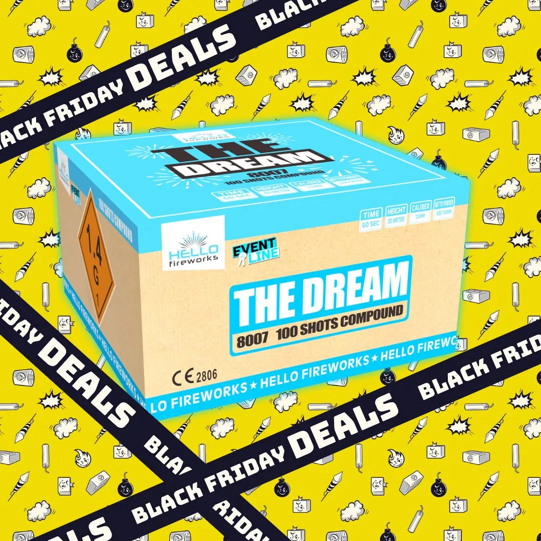Eine blaue und beigefarbene "HELLO The Dream"-Feuerwerksbox von Hello steht auf einem gelben Hintergrund mit Cartoon-Sprengstoff. Auf schwarzen Bannern steht in fetten weißen Buchstaben "BLACK FRIDAY DEALS".
