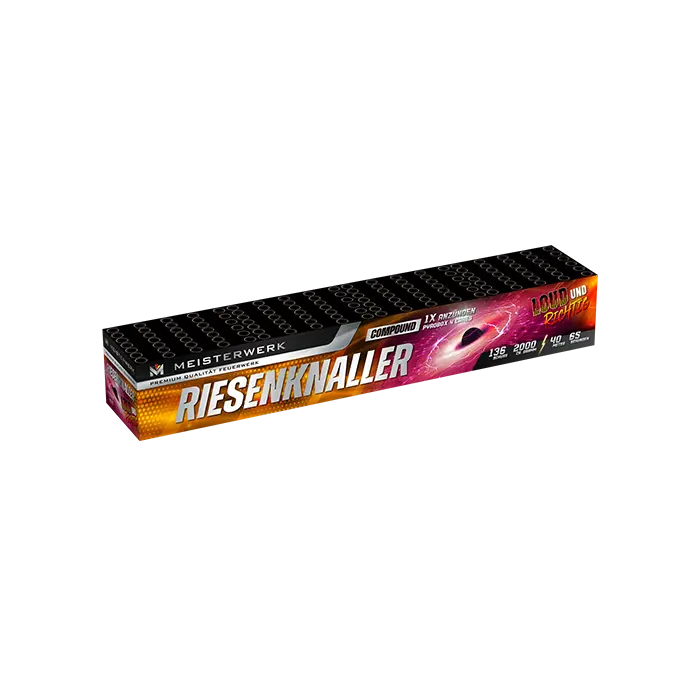 Eine rechteckige Schachtel mit der Aufschrift "Geisha Riesenknaller" zeigt eine kräftige, farbenfrohe Grafik auf einer überwiegend schwarzen Verpackung mit gelben und weißen Akzenten. Highlights: 136 Schuss, 135 Stück, 920g, 60 Sekunden - ideal für Fans des Geisha Verbundfeuerwerks.