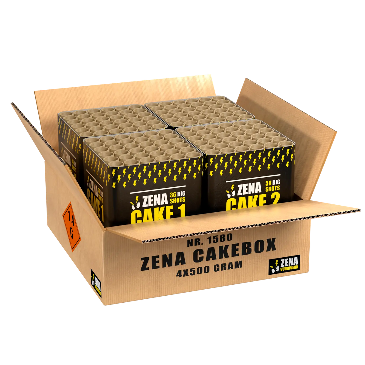 Eine geöffnete Pappschachtel mit der Aufschrift "Zena Cakebox A|B|C|D Showbox" von Zena enthält vier große Feuerwerksbatterie-Torten mit jeweils mehreren zylindrischen Röhren auf der Oberseite - ideal für ein beeindruckendes Feuerwerk.