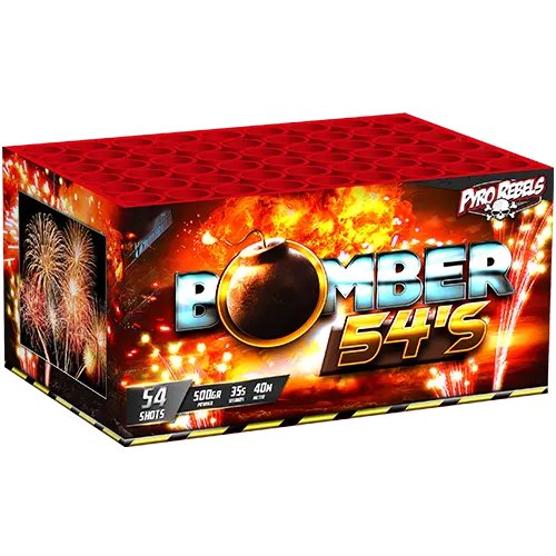Eine rechteckige Geisha Pyrorebels Bomber 54 Box mit feurigen Grafiken und fettgedrucktem Text, der 54 Schuss und 500g NEM hervorhebt, mit explosiven Bildern und einem roten Deckel für ein auffälliges Erscheinungsbild.