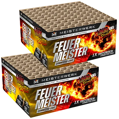 Zwei Schachteln Kombi Geisha Feuermeister 101's von COMBI-DEALS 💣, mit einer feurigen Explosionsgrafik und fettem Text auf Schwarz. Jede enthält mehrere zylindrische Abschussrohre für Geisha-Pyrotechnik.