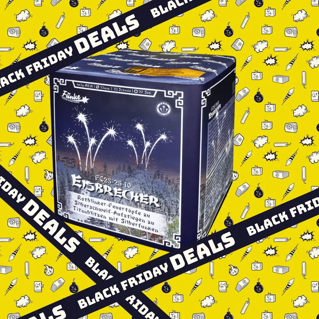 Eine Schachtel Funke Eisbrecher von Funke mit einem verschneiten Wintermotiv und Feuerwerkskunst wird auf einem gelben Hintergrund mit Black Friday DEALS Bannern und weißen Symbolen präsentiert, die die Silberschweif-Effekte hervorheben.