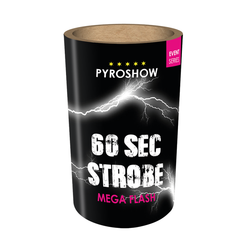 Ein zylindrischer Feuerwerkskörper mit der Aufschrift "Magnum 60sec Strobe Blinker XXL" von Magnum, mit Blitzgrafiken und einem rosa "Event Series"-Tag auf schwarzem Hintergrund.