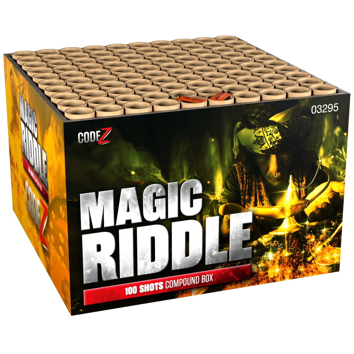 Eine Schachtel mit der Aufschrift "COMBIDEAL #11 Magic Riddle Code-S + Monster Magnus Zena" von Lesli, mit auffälligem mystischem Artwork, 100 Schuss, Kategorie F, NEM-Details und markiert mit Gefahrengutklasse 1.4G.