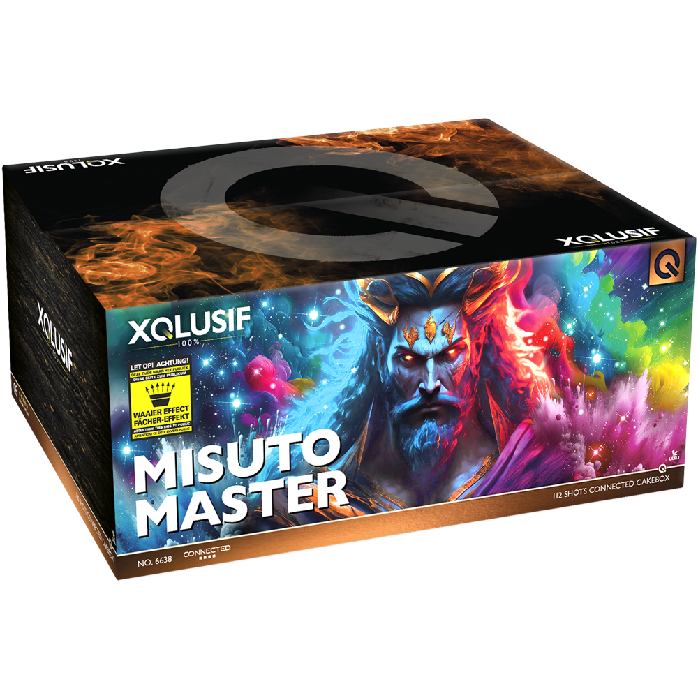 Eine farbenfrohe Feuerwerksschachtel mit der Aufschrift "XQLUSIF Misuto Master Falling Leaves" zeigt das lebendige Bild einer kronentragenden Figur inmitten wirbelnder Farben und weist auf der Verpackung prominent auf die Marke VOLT! und detaillierte Produktinformationen hin.