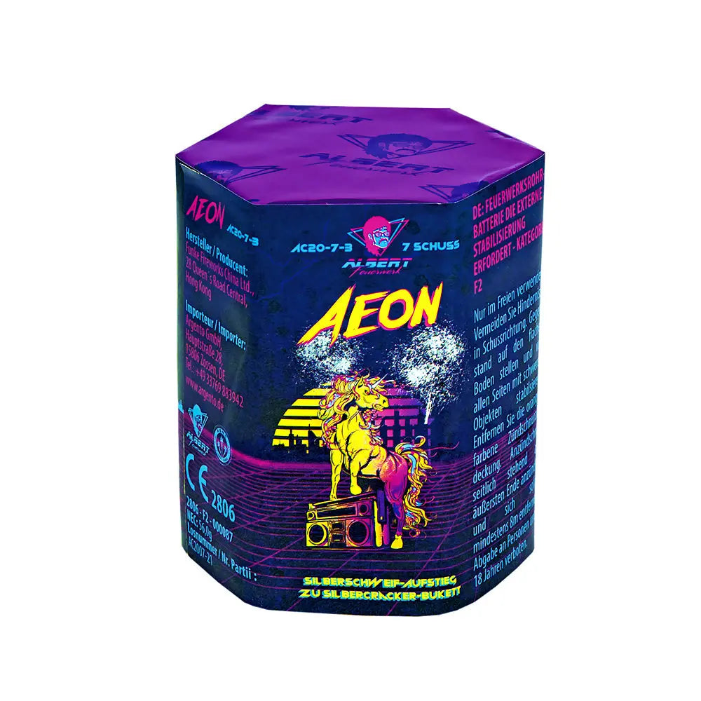 Der Albert Aeon von Albert ist ein sechseckiger 20 mm Feuerwerksbatterie-Behälter mit einem leuchtenden lila und blauen Design, das ein gelbes Einhorn mit rosa Haaren auf einer Boombox zeigt. Das Etikett zeigt "Albert Aeon" und enthält deutsche Sicherheits- und Produktinformationen.