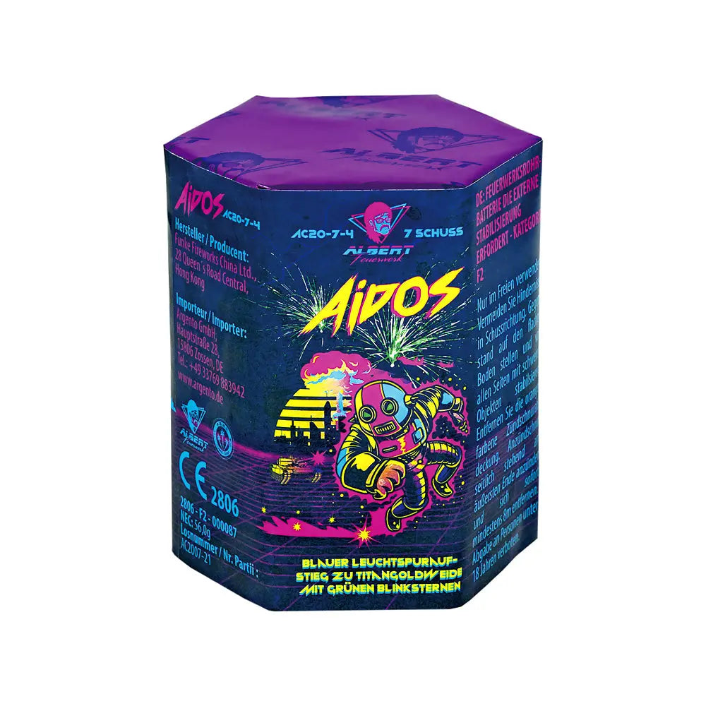 Die sechseckige Feuerwerksbatterie von Albert Aidos besticht durch eine farbenfrohe Verpackung mit einem futuristischen Astronauten in einer Neonlandschaft, deutschem Text, Produktinformationen, Sicherheitshinweisen und dem in leuchtenden Farben hervorgehobenen "7 Schuss".