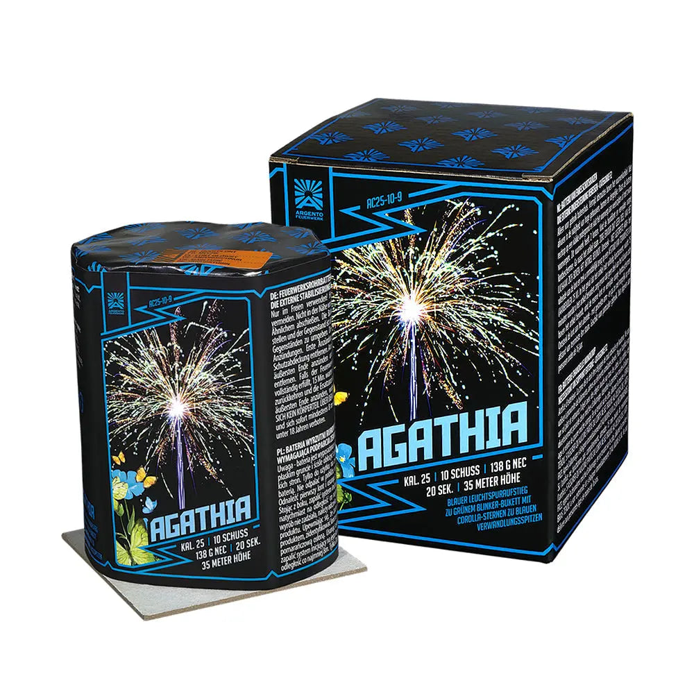 Der zylindrische Feuerwerkskörper Argento Agathia von Argento steht neben seiner Schachtel. Beide zeigen ein farbenfrohes Feuerwerk auf dunklem Hintergrund und unterstreichen die elegante Funktionalität.