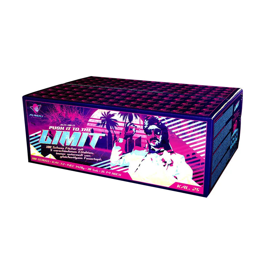Die Albert Push it to the Limit von Albert zeigt eine Retro-Neon-Box mit einem behandschuhten Mann mit Sonnenbrille, Palmen und dem fetten Text "Push it to the Limit". Die effektreich 100 Schuss Details sind prominent auf der Vorderseite dargestellt.