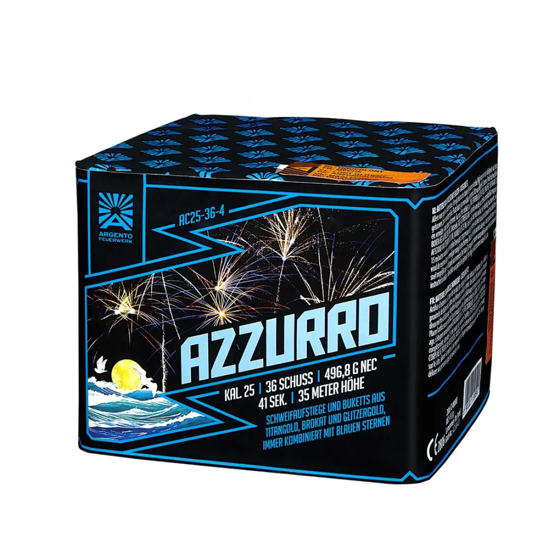 Die Argento Azzurro Feuerwerksdose von Argento ist blau und schwarz, mit einem Feuerwerk über Wasser und deutschen Produktdetails auf der Vorderseite und der Seite.