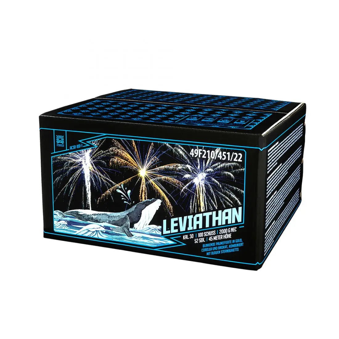 Der Argento Leviathan 100sh Compound von Argento kommt in einer schwarz-blau-weißen Verpackung mit Wal-Illustration und farbenfrohem und effektreichem Feuerwerk und verspricht sichere Zündung für jede Feier.