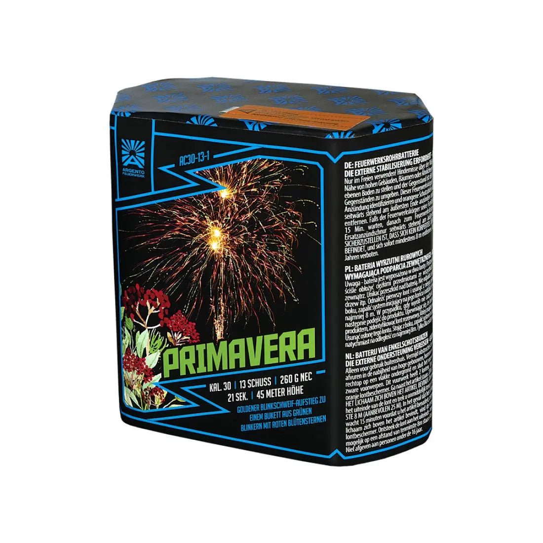 Die rechteckige Argento Primavera Feuerwerksbatterie-Box von Argento zeigt ein lebhaftes Feuerwerk und rote Blumen. Sie enthält 13 Schuss mit 30 mm Kaliber für eine eindrucksvolle Show, sowie detaillierte Sicherheits- und Gebrauchsanweisungen auf der Seite.