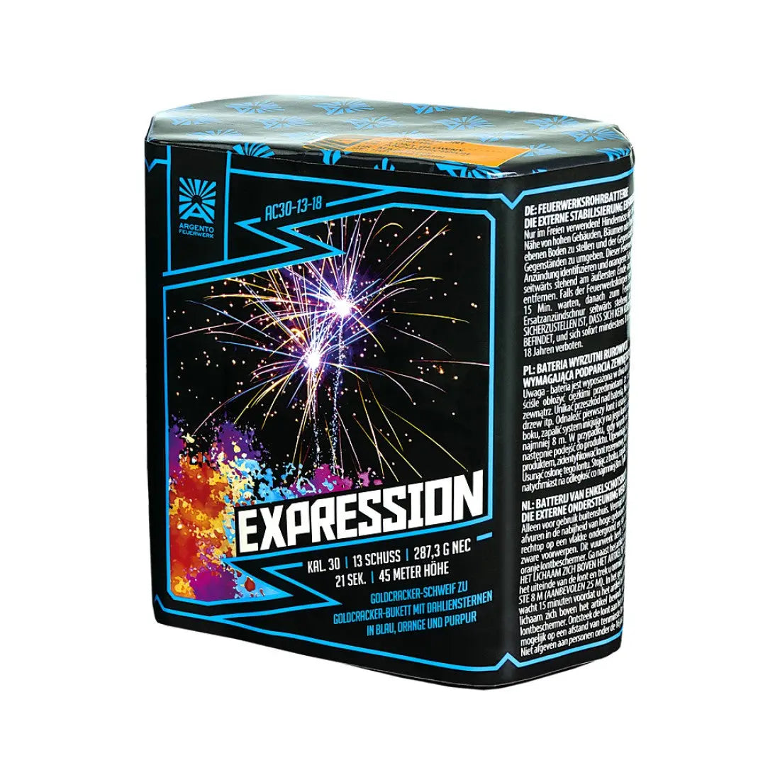 Die Argento Expression Feuerwerksbatterie von Argento verfügt über 13 Schuss mit Goldcracker-Effekten. Die Verpackung besticht durch ein auffälliges blau-schwarzes Design, mehrsprachige Informationen und Feuerwerksbilder vor einem nächtlichen Hintergrund.