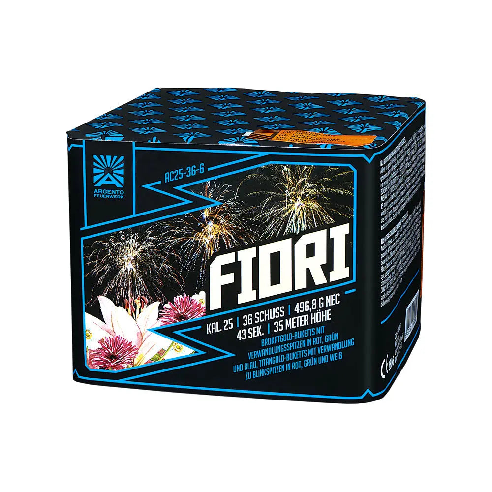Eine quadratische schwarze Schachtel mit der Aufschrift "Argento Fiori" von Argento zeigt Feuerwerkskörper und Blumen, mit blauen und weißen Akzenten und Produktangaben in deutscher Sprache.