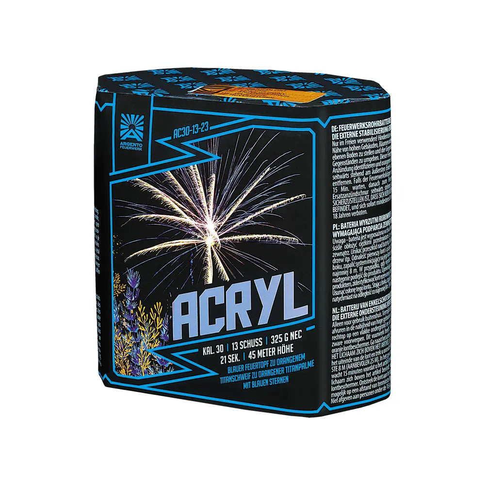 Die Argento Acryl 30 mm Feuerwerksbatterie von Argento zeichnet sich durch eine schwarz-blaue Verpackung mit weißen und gelben Akzenten, deutschem Text und einer Feuerwerksexplosionsgrafik aus und zeigt atemberaubende Palmenweiden-Effekte.