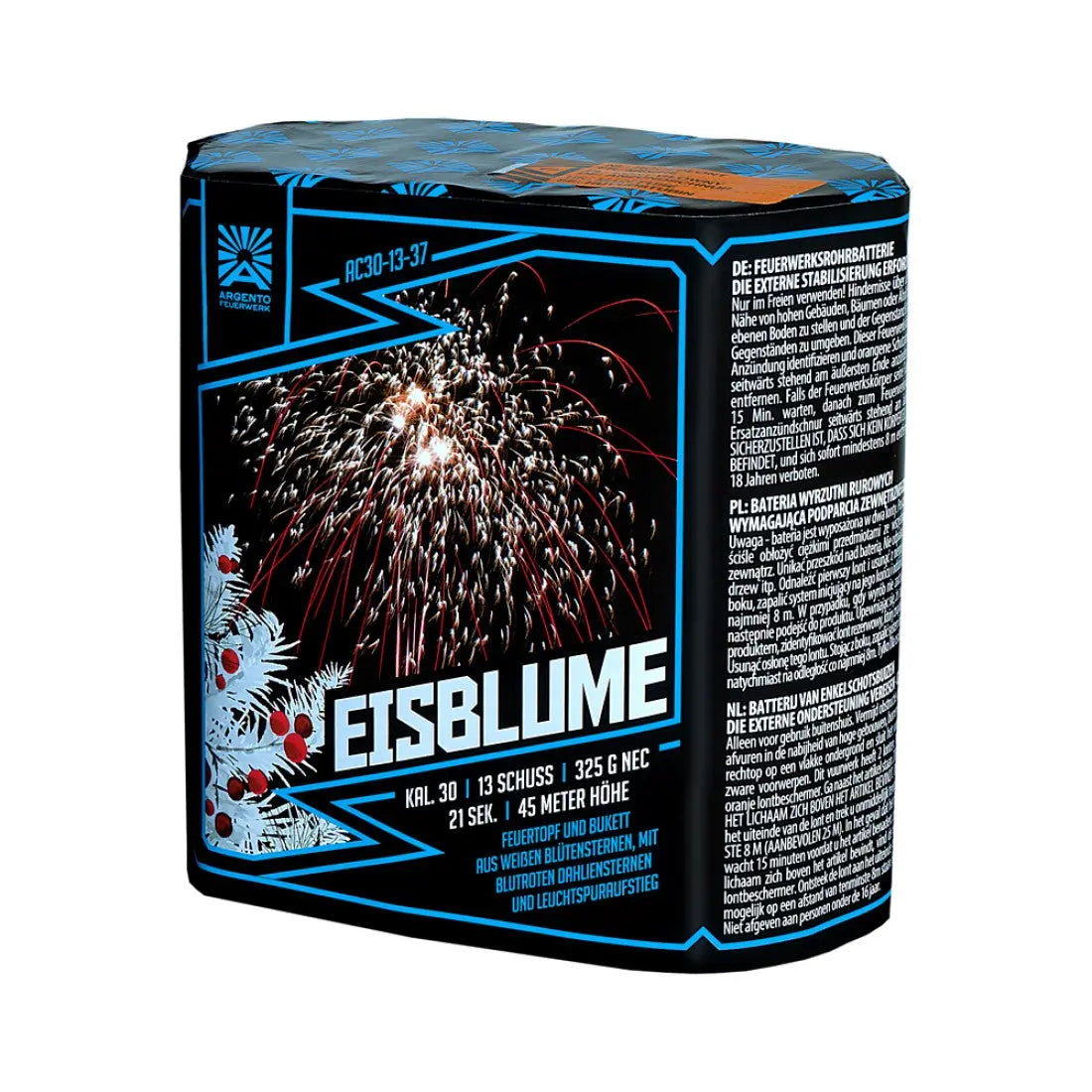 Sechseckige Dose der Argento Feuerwerksbatterie mit der Aufschrift "Argento Eisblume", die eine Blütensterne mit weißen Zweigen und roten Beeren zeigt. Auf der Seite sind Produktangaben und Sicherheitshinweise aufgedruckt.