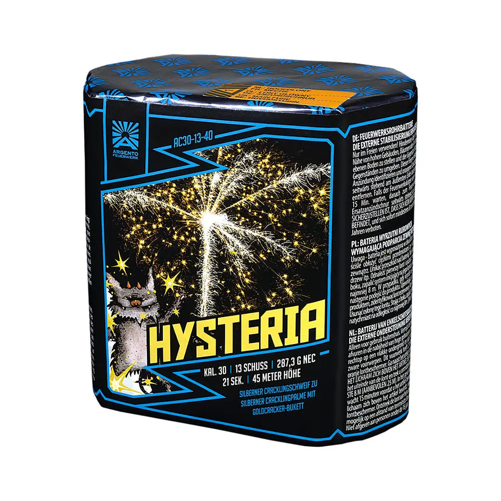 Die schwarze, würfelförmige Argento Hysteria Feuerwerksdose von Argento ist mit der Aufschrift "HYSTERIA", einem Cartoon-Wolf, funkelndem Feuerwerk, deutschem Text, blauen und gelben Akzenten und detaillierten Produktinformationen auf der Seite versehen.