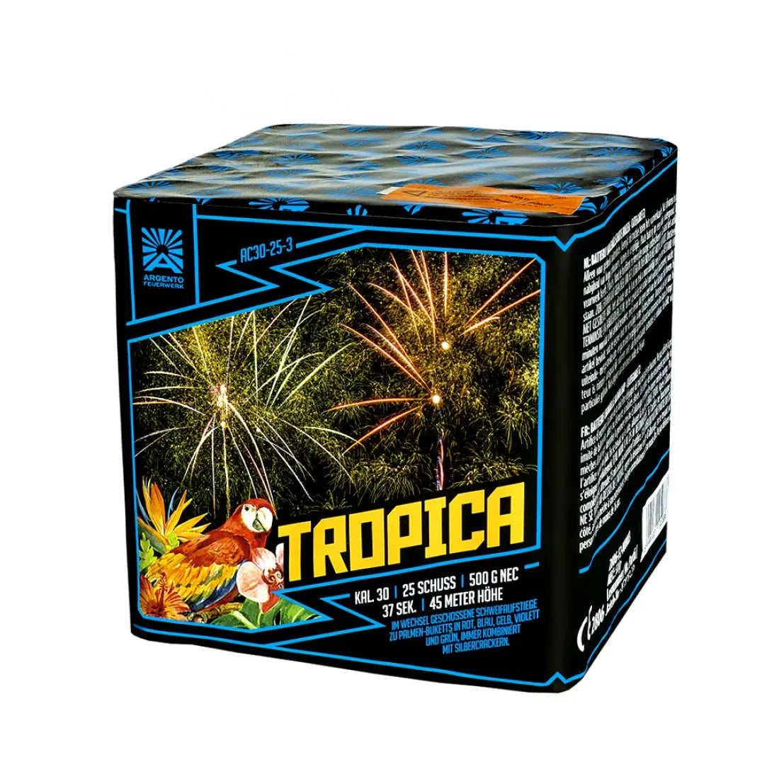 Eine farbenfrohe Schachtel mit der Aufschrift „Argento Tropica“, verziert mit Illustrationen tropischer Pflanzen, eines Papageis und funkelnder Feuerwerke am Nachthimmel, präsentiert die „Tropica Feuerwerksbatterie“ der Marke Argento auf perfekte Weise – ein unvergesslicher Blickfang für jedes Feuerwerksfest.