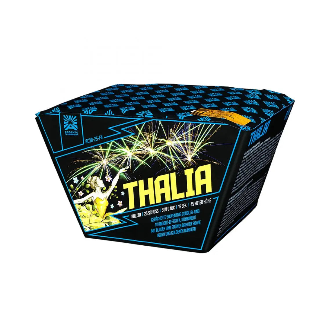 Die leuchtende Argento Thalia Z, Fan 25sh Feuerwerksbatterie-Box von Argento zeigt eine stilisierte Frau in einem gelben Kleid und ein Feuerwerk am Himmel. Die Oberseite und die Seiten sind mit blauen und schwarzen Mustern verziert.