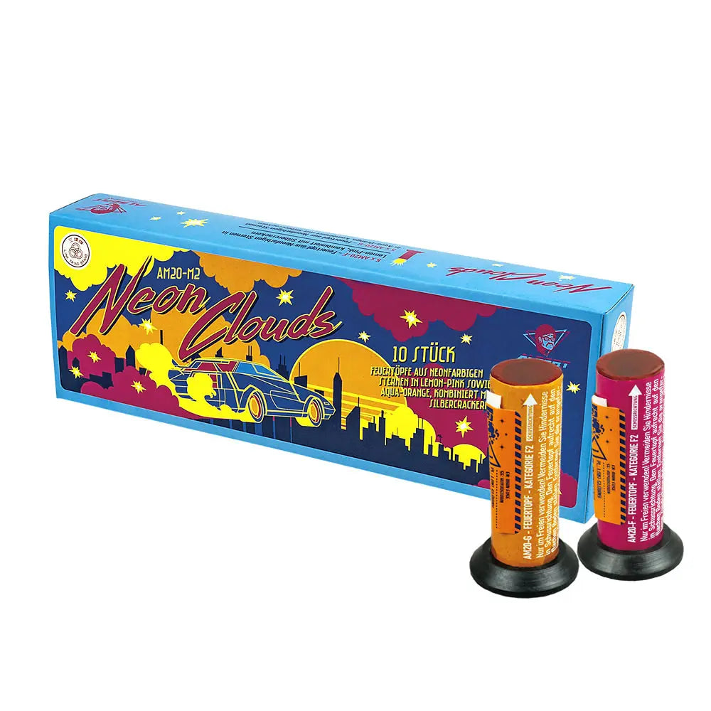 Eine blaue "Albert Neon Clouds"-Schachtel von Albert, die eine bunte Stadtsilhouette und ein Automotiv zeigt, ist mit zwei kleinen zylindrischen Feuertöpfen mit orangefarbenen und rosa Etiketten abgebildet. Auf der Schachtel steht "10 Stück".
