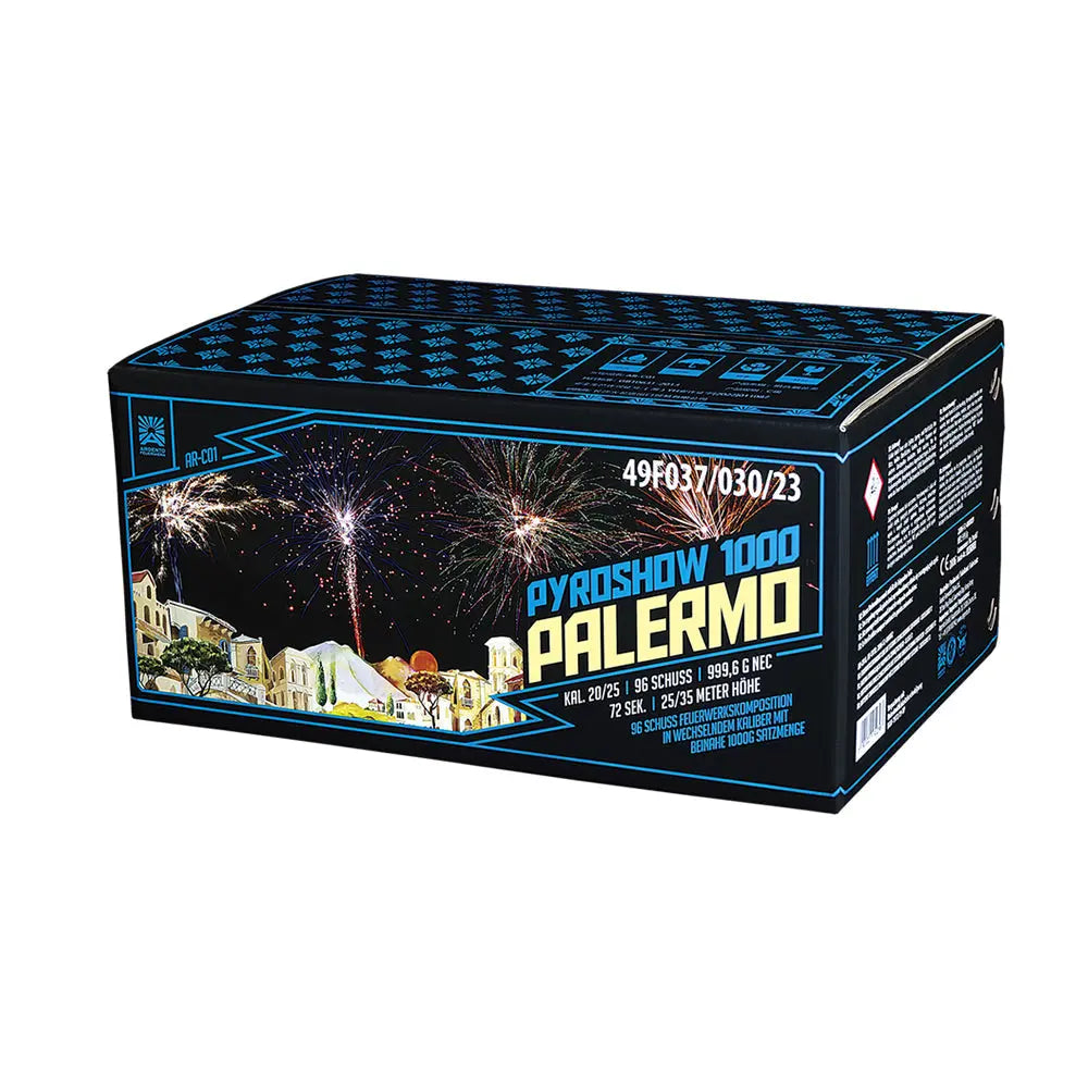 Die rechteckige Argento Pyroshow 1000-A Palermo Feuerwerksdose zeigt eine vom Feuerwerk beleuchtete Stadtlandschaft mit historischen Gebäuden. Die Dose des Argento Verbundfeuerwerks hat ein schwarz-blaues Design mit weiß-gelber Schrift.