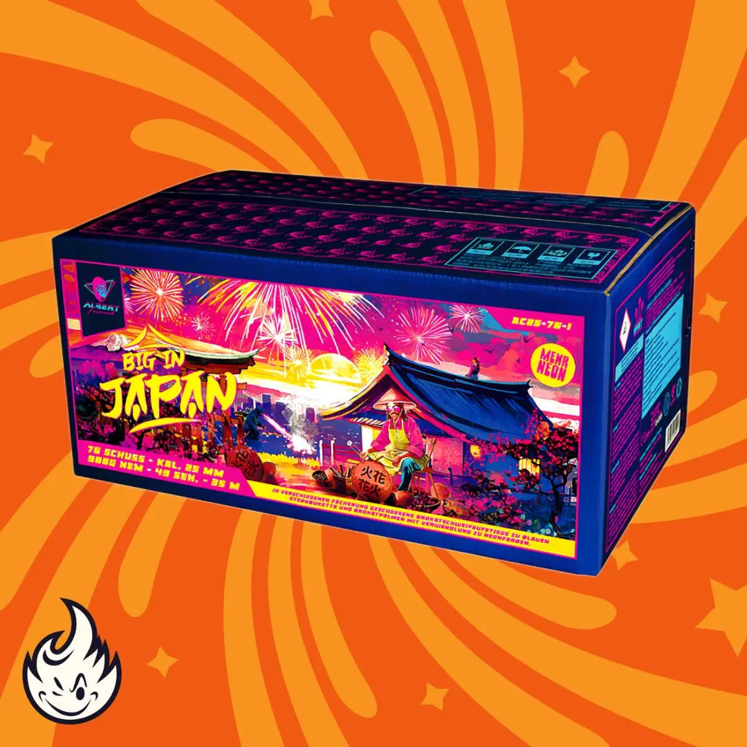 Albert Big in Japan Mixed by Albert zeigt ein leuchtendes pink-lila Festival-Design und ein Feuerwerk auf einem orangefarbenen, wirbelnden Hintergrund. Dieses Verbundfeuerwerk ist eine NEUHEIT 2024 mit auffälligen Farben.