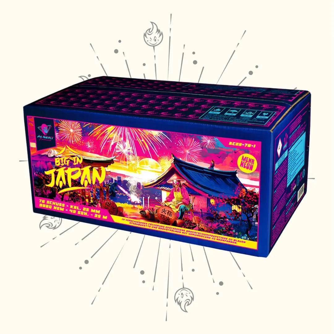 Der "Albert Big in Japan Mixed" von Albert zeigt lebendige Festivalkunst, ein japanisches Gebäude und eine in Kimono gekleidete Figur in Neonpink und -lila - ein NEUHEIT 2024 Verbundfeuerwerk-Box-Set.