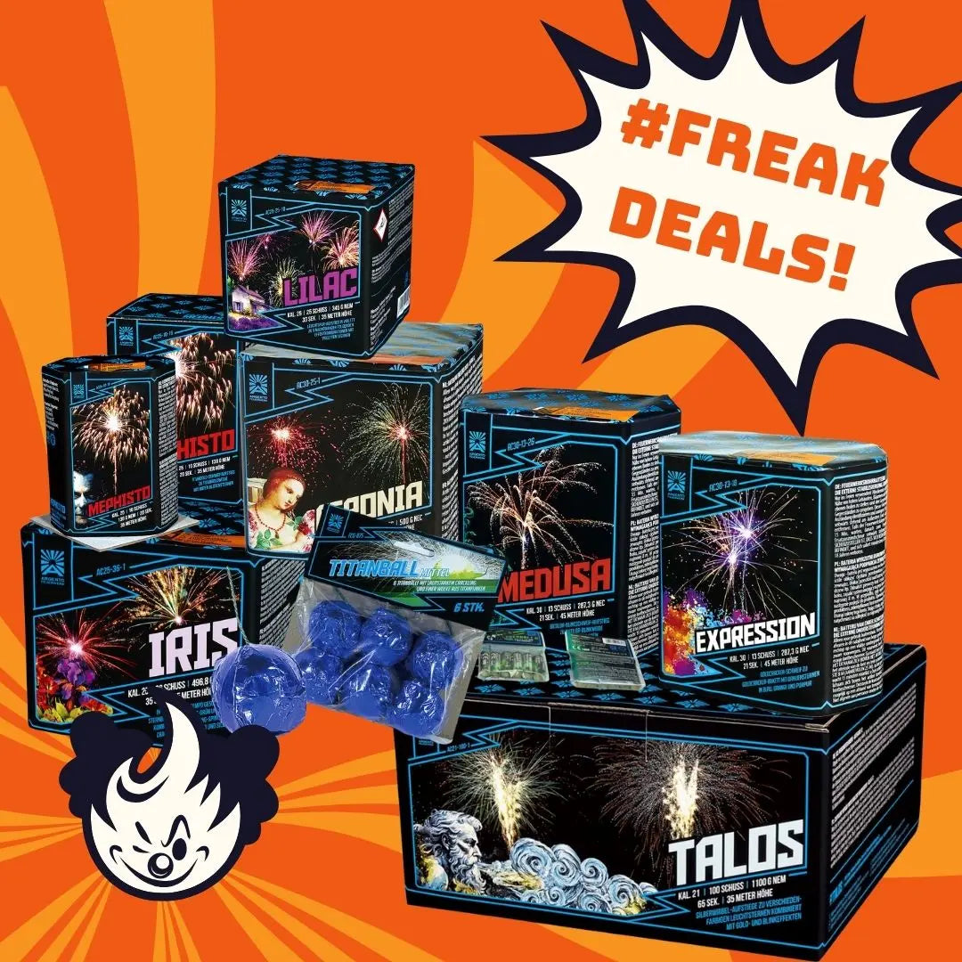 Eine lebhafte Werbung für das FREAKDEALS 🤡 Argento Little Freak Set zeigt ein verpacktes Feuerwerk, ein Cartoon-Maskottchen und "#FREAK DEALS!" in Fettschrift auf einem Starburst-Hintergrund - jetzt zum Outletpreis!.