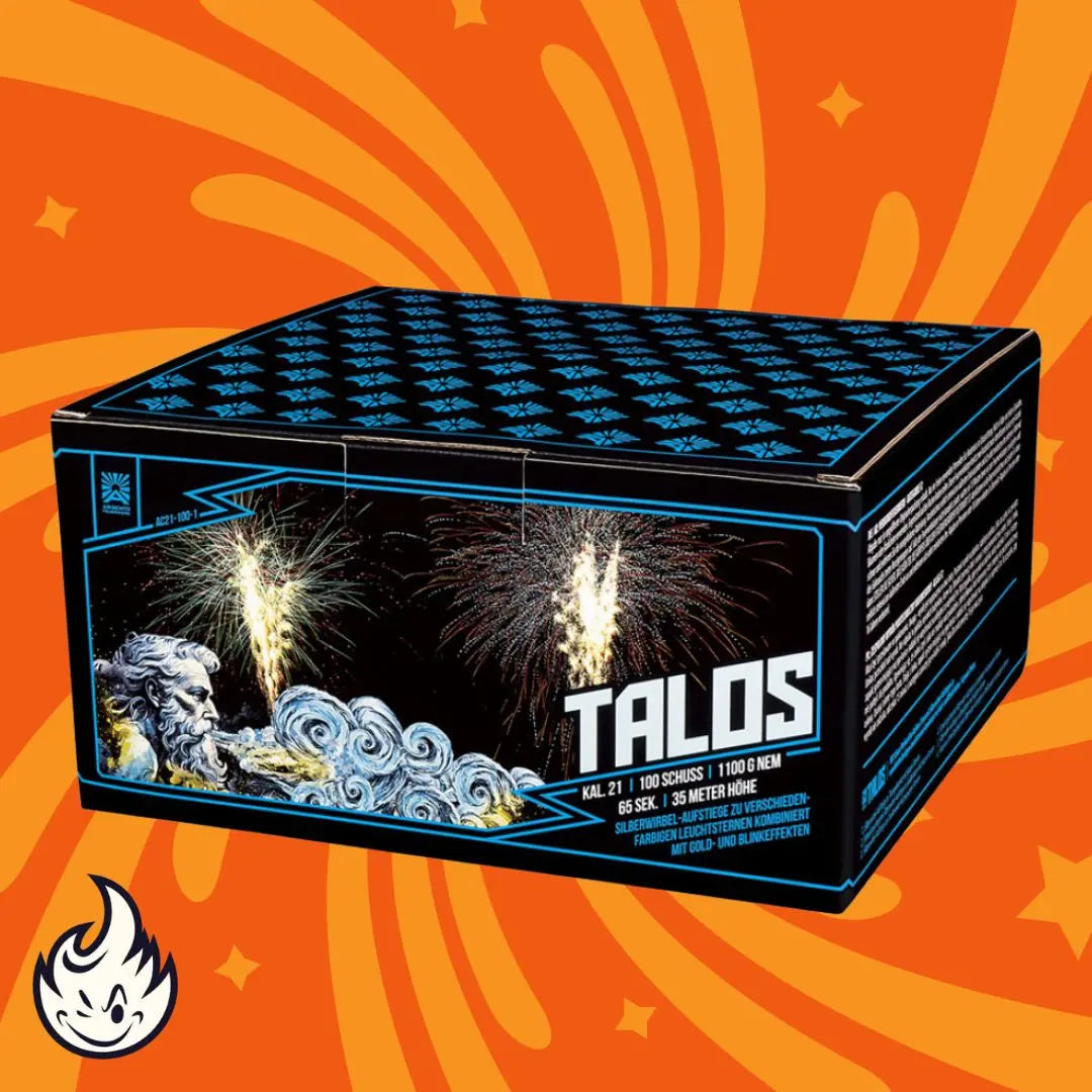 Die rechteckige Argento Talos Feuerwerksdose von Argento hat ein blau-schwarzes Design mit einer illustrierten windblasenden Figur, buntem Feuerwerk, wirbelnden gelben Mustern auf orangem Hintergrund, einem Flammensymbol und 21mm Kreischwirbel-Verbundfeuerwerk.