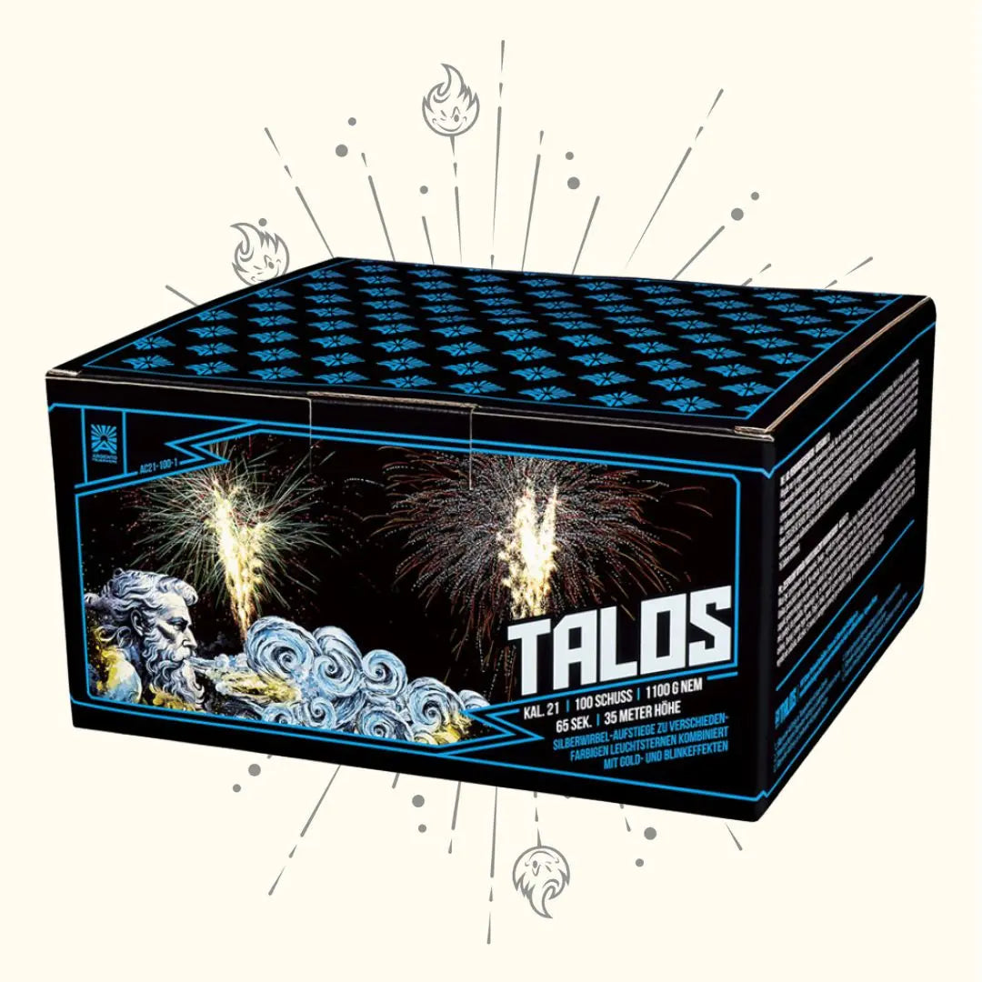 Die rechteckige Argento Talos Feuerwerksdose von Argento zeigt "TALOS", ein bärtiges Gesicht, das Wind, lebendige Feuerwerkskörper und Flammen zeigt - mit Effekten des Kreischwirbel-Verbundfeuerwerks mit Kaliber 21 mm.