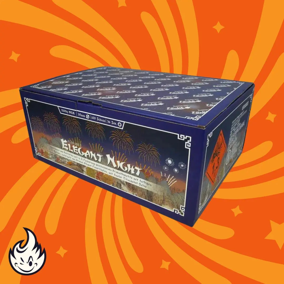 Eine blaue Funke Elegant Night Cakebox von Funke, verziert mit einem Feuerwerk, steht vor einem orangefarbenen Hintergrund mit gelben Akzenten. Ein kleines weißes Flammenlogo erscheint in der unteren linken Ecke.