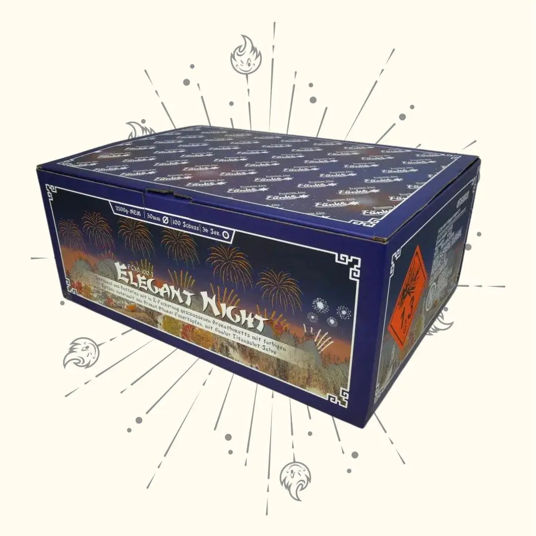 Eine blaue rechteckige Funke Elegant Night Cakebox von Funke mit Feuerwerksbildern, Warnsymbolen und Produktdetails vor einem hellen Hintergrund mit illustrierten Funken.