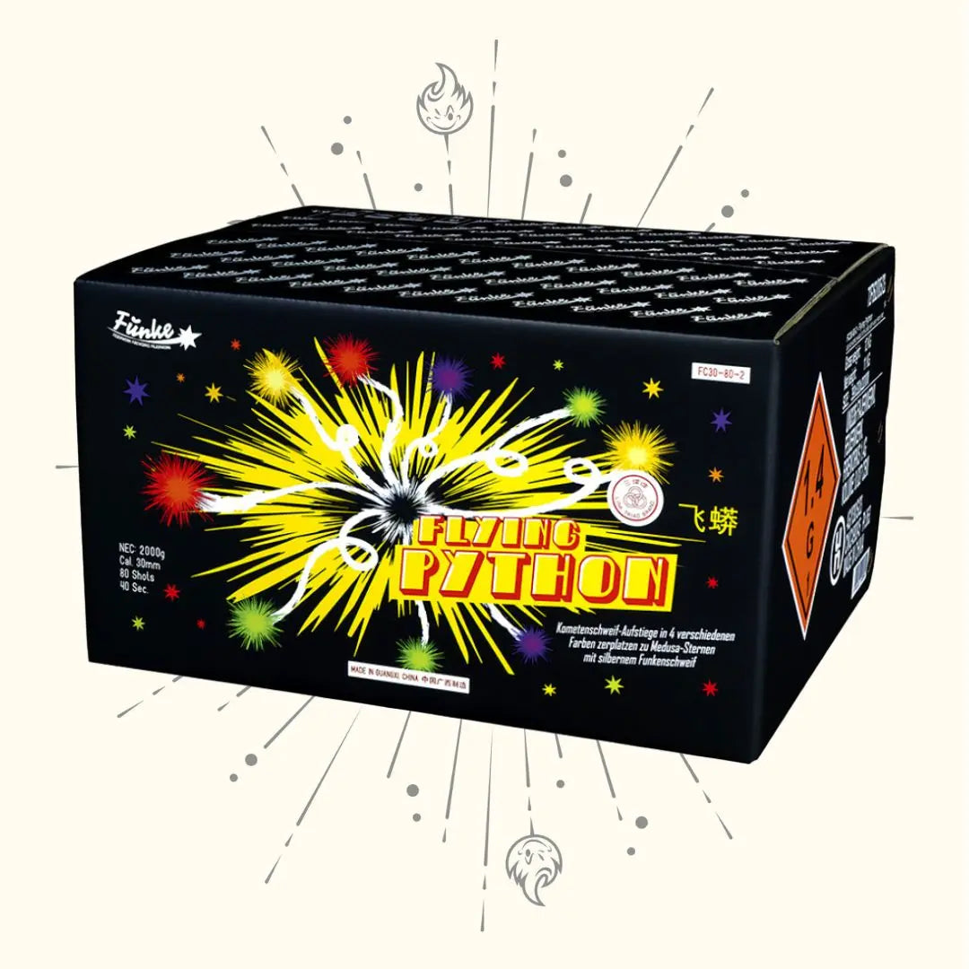 Eine schwarze Schachtel mit der Aufschrift "Funke Flying Python Flowerbed" von Funke zeigt bunte Feuerwerksgrafiken, leuchtende Lichteffekte, Gefahrensymbole und weiße Starburst-Motive auf hellem Hintergrund.