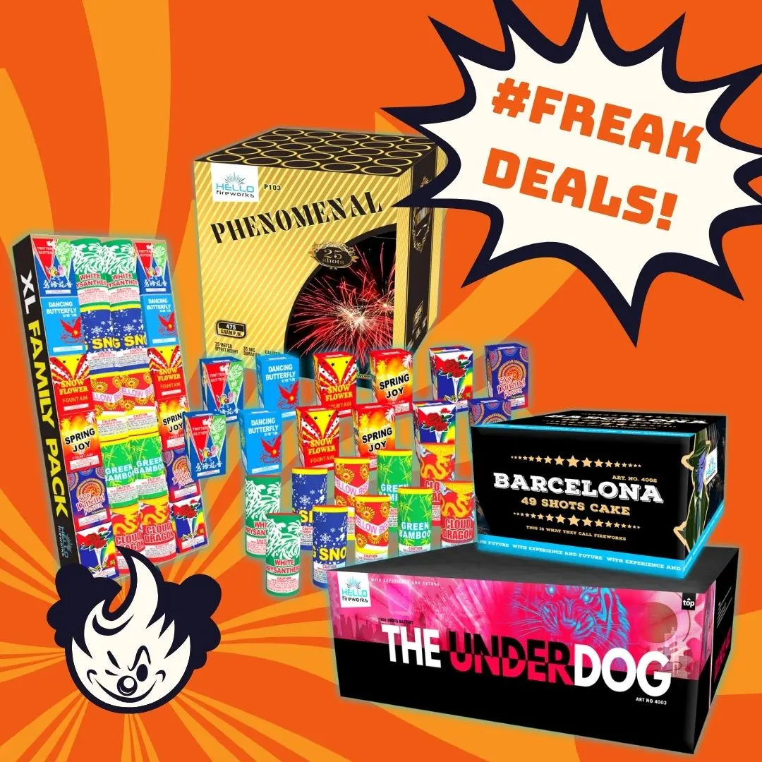 Das Hello Family Freak Set von FREAKDEALS 🤡 ist mit einem Cartoon-Maskottchen und einer "#FREAK DEALS!"-Burst-Grafik auf orangefarbenem Hintergrund versehen. Die Feuerwerkskästen tragen Namen wie "PHENOMENAL", "XL FAMILY PACK", "BARCELONA" und "THE UNDERDOG".