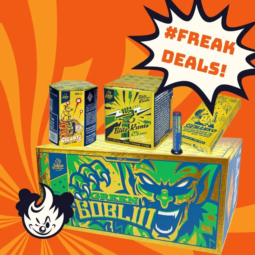 Buntes Bild mit leuchtend orangefarbenem und gelbem Hintergrund, Iskra Freak-Set-Boxen von FREAKDEALS 🤡 im Cartoon-Stil, einer grinsenden Illustration des Grünen Kobolds Feuerwerk, einer Sprechblase "#FREAK DEALS!" und einem kleinen Panda-Maskottchen in der Ecke.