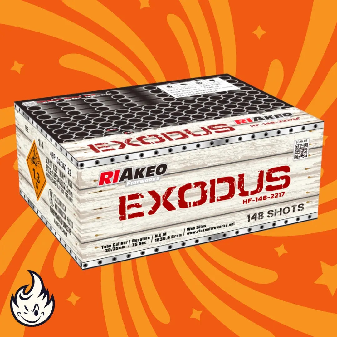 Eine rechteckige Schachtel mit der Aufschrift "Riakeo Exodus" der Marke RIAkeo steht auf einem orangefarbenen Hintergrund mit wirbelnden Mustern, einem kleinen Flammenlogo in der Ecke und zeigt Info- und Warnsymbole für Feuerwerkskörper.