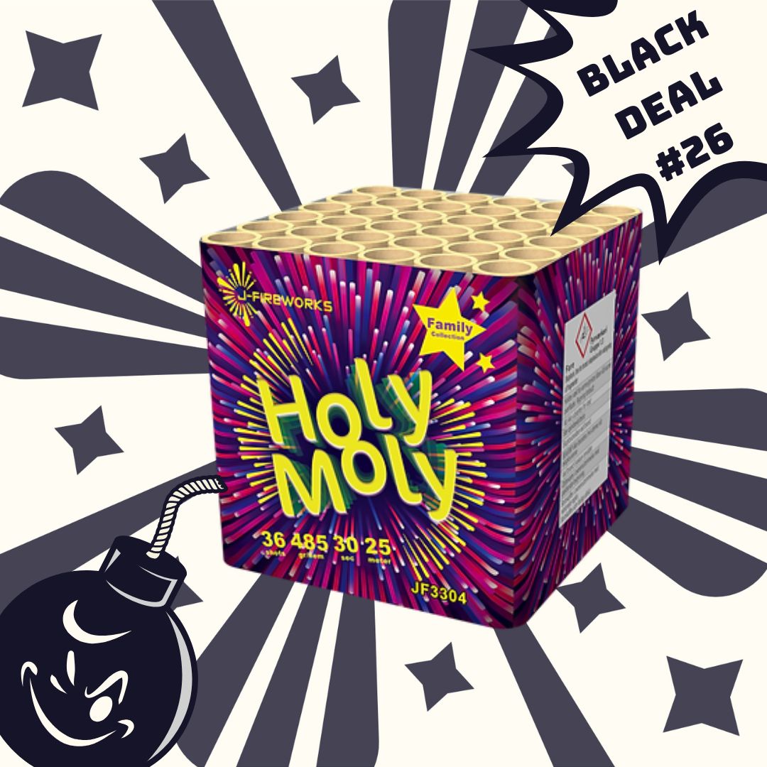 Eine leuchtende J-Fireworks Holy Moly 36sh-Box steht mittig, umgeben von Sternenexplosionen. In der Ecke erscheint eine lächelnde Cartoon-Bombe, während „BLACK DEAL #26“ in einer Comic-Sprechblase auftaucht. Marke: J-Fireworks.