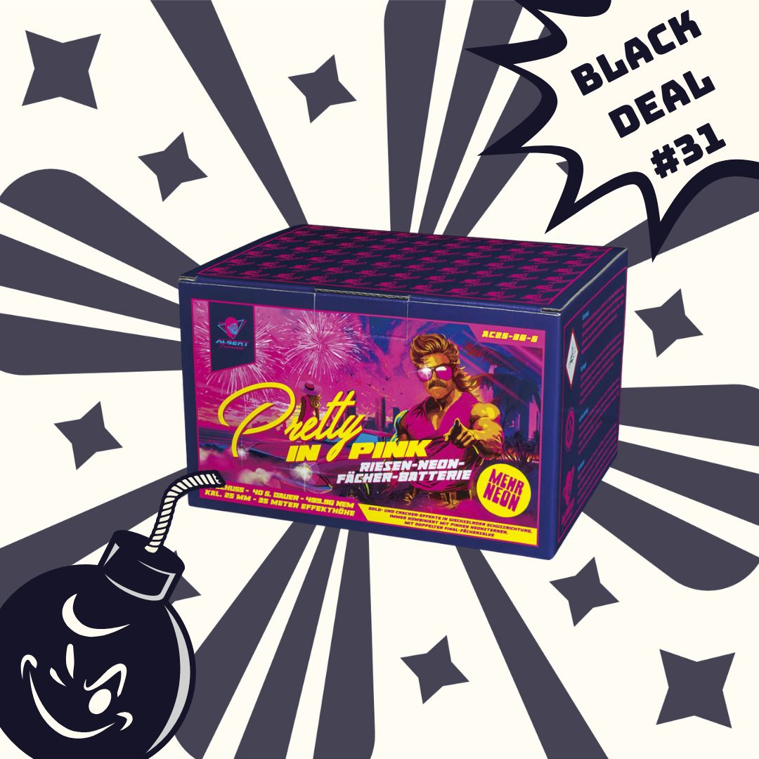 Der Albert Pretty in Pink Fan von Albert besteht aus einer neonpinken Feuerwerksbatterie-Box mit 36 Schüssen und dem Text Mega Neon", Starbursts, Feuerwerk im Hintergrund, einem Mann mit Sonnenbrille und Black Deal #31" auf dem Etikett.